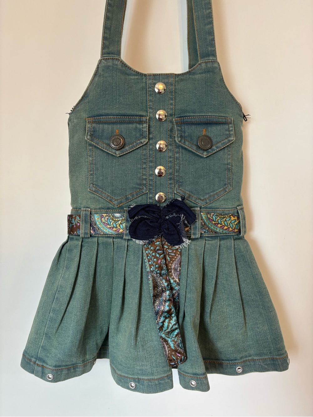 The Pyramid Collection Green Denim Shoulder Bag with Patterned Trim